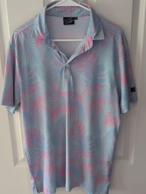 Casual Men's Polo in Light Blue & Pink Tropical Print